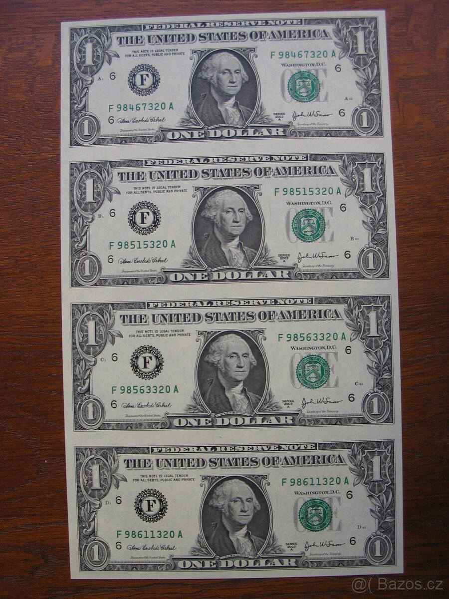 4x 1$ US dollar nerozříznuté bankovky 1$ US dolar. - 2