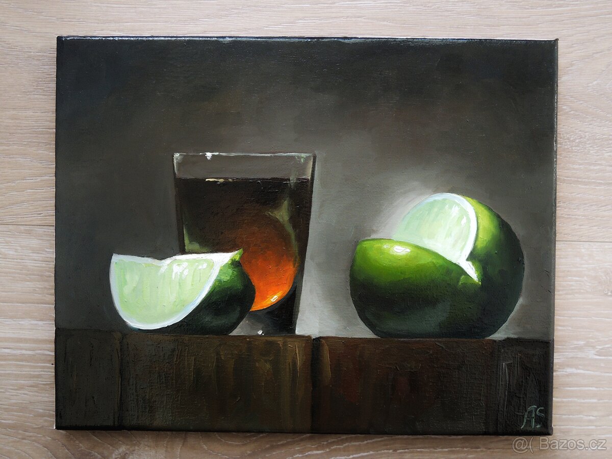Olejová malba, "Limetka a sklenice" - 2