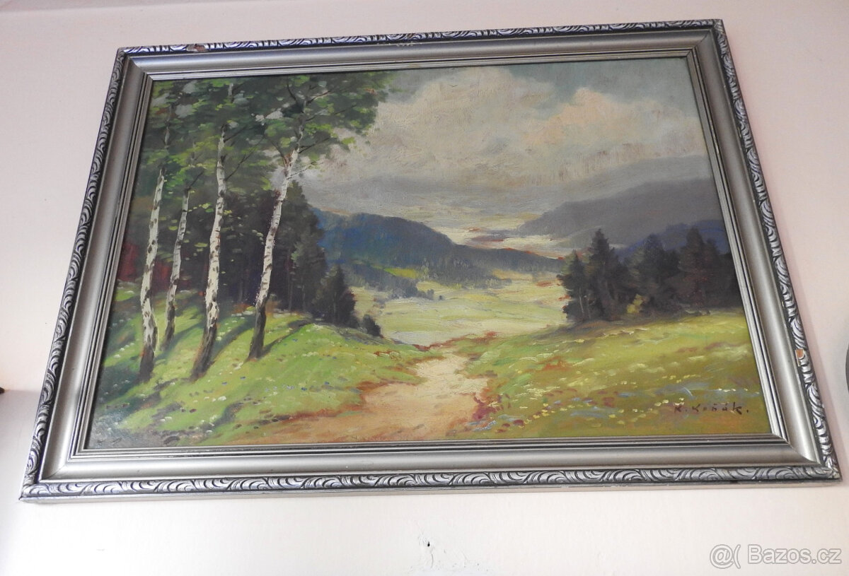 Starožitný Obraz olej pohled do udolí - 2