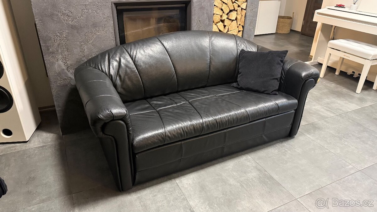 Kožená rozkládací dvoj sedačka - černá - 2