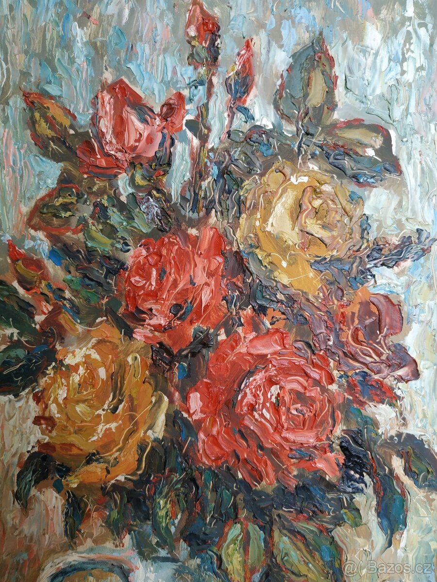 Obraz – Olejomalba na kartonu, váza s růžemi (1983) - 2