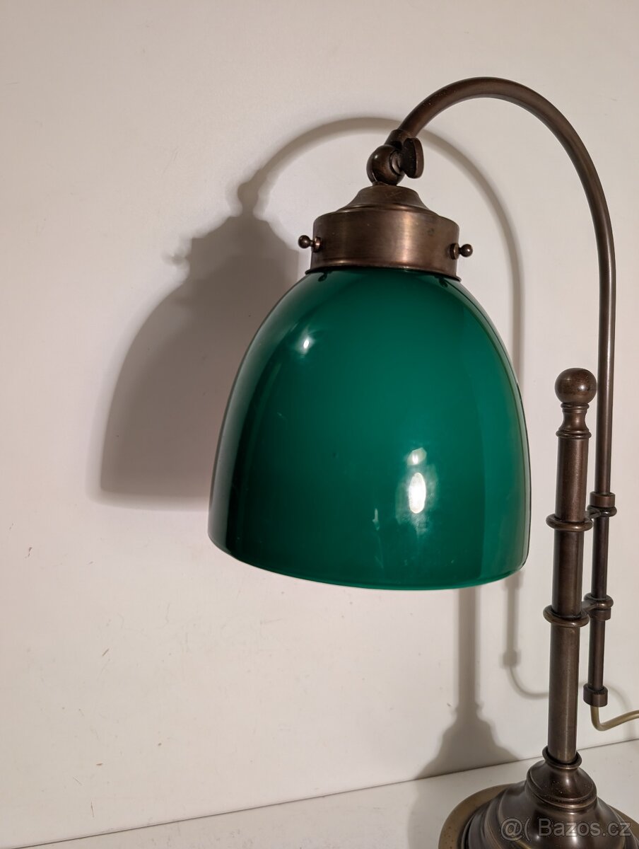 mosazná lampička, lampa, zelené stínidlo, bankéřka - 2