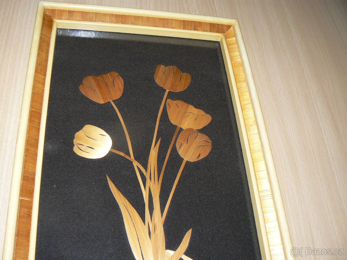 Obraz vykládaný ze slámy - retro-tulipány-intarzie - 2