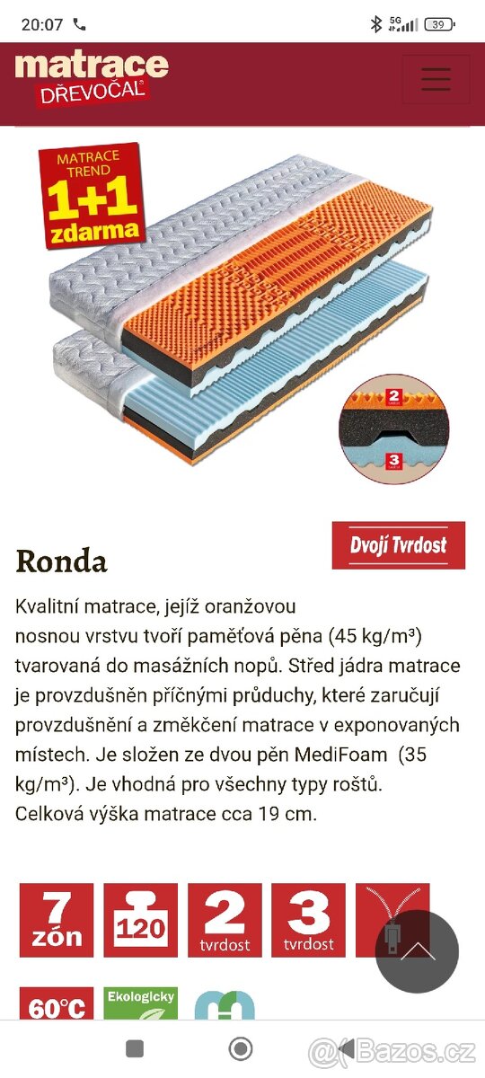 Nepoužitá matrace Drevočal 160x200x19 - 2