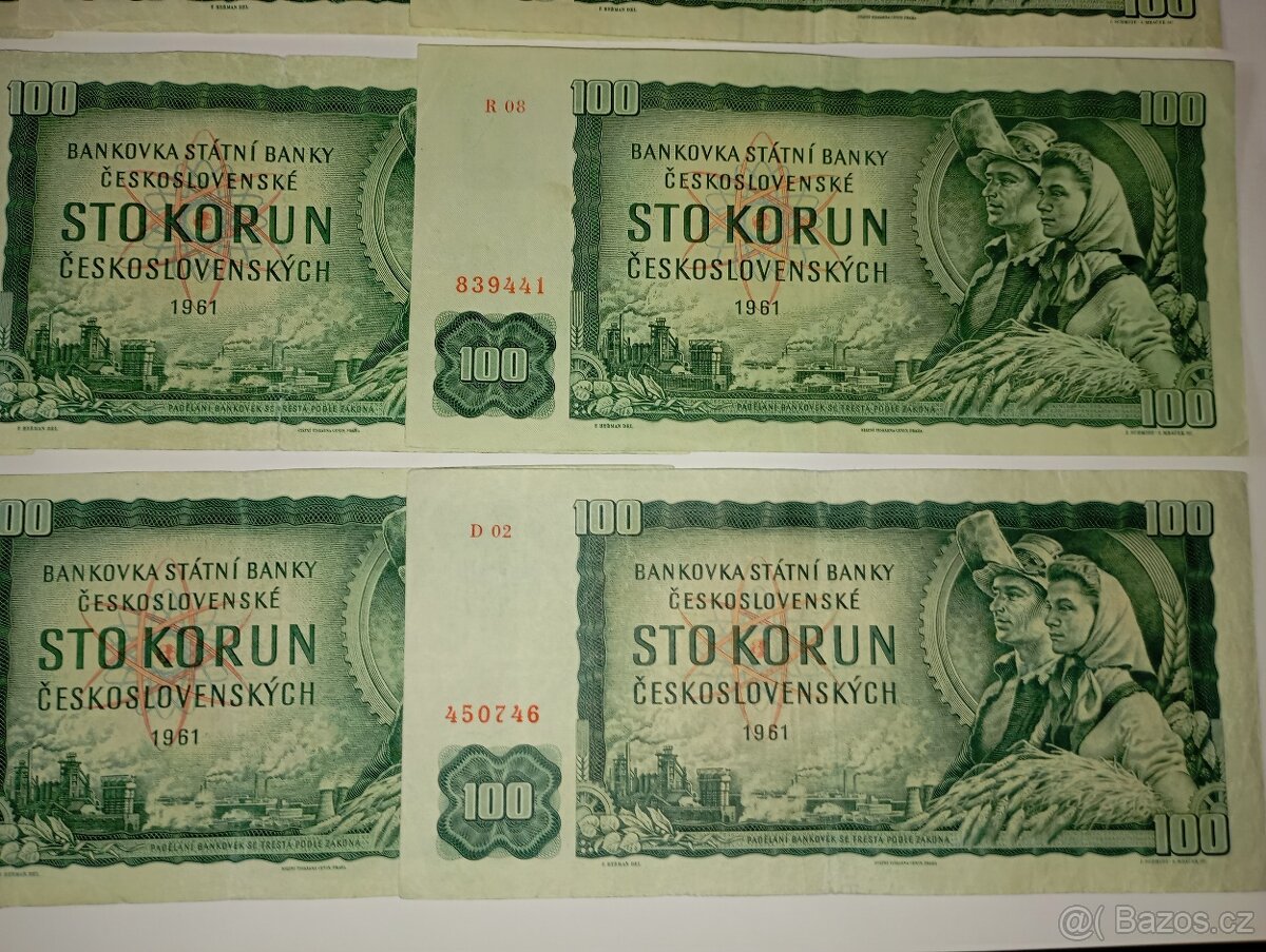 BANKOVKY 100 KČS 1961, VŠECHNY VYDANÉ SÉRIE, NÍZKÁ ČÍSLA - 2