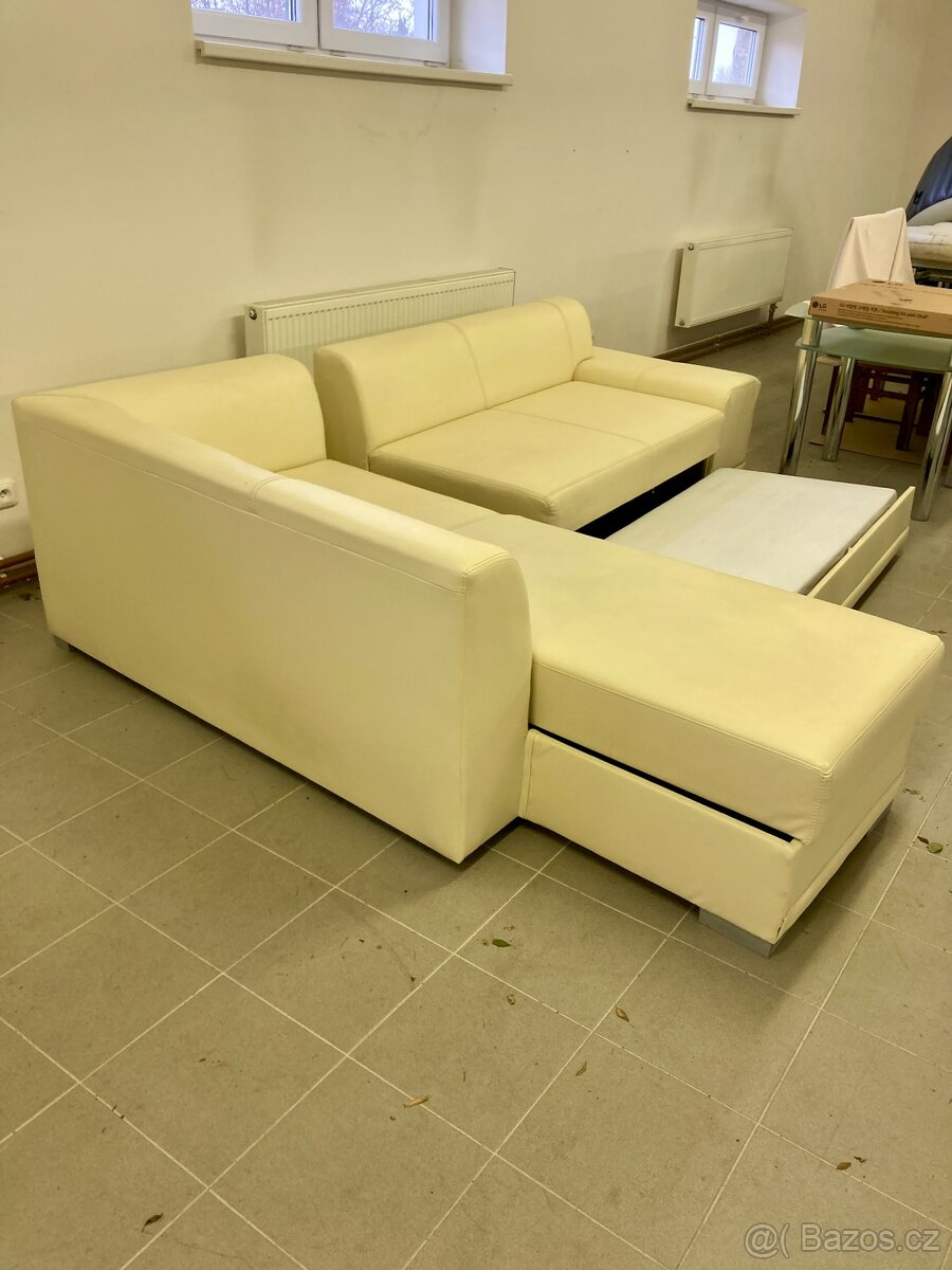 kožená rozkládacín krémová sedací souprava - 2