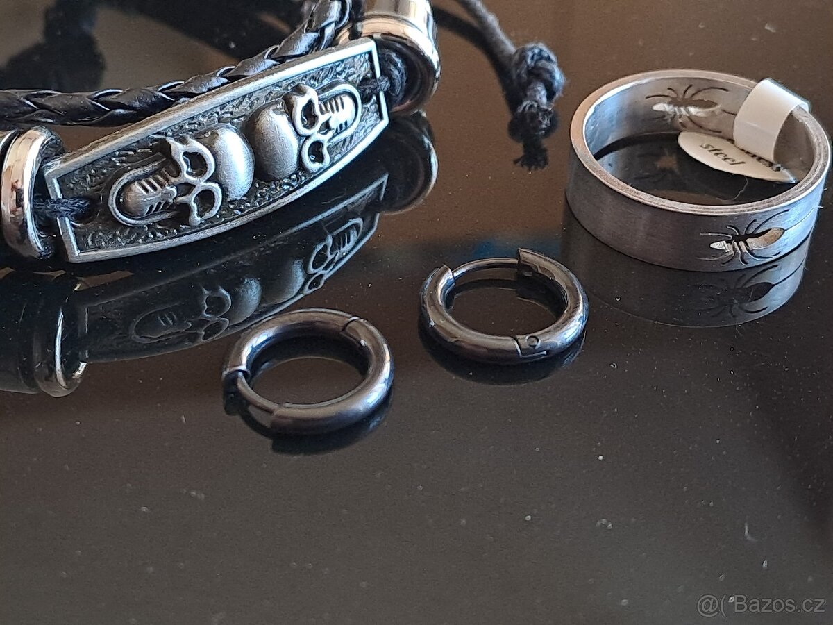 Pánský set Skull – spinner prsten vel. 22 náramek a náušnice - 2