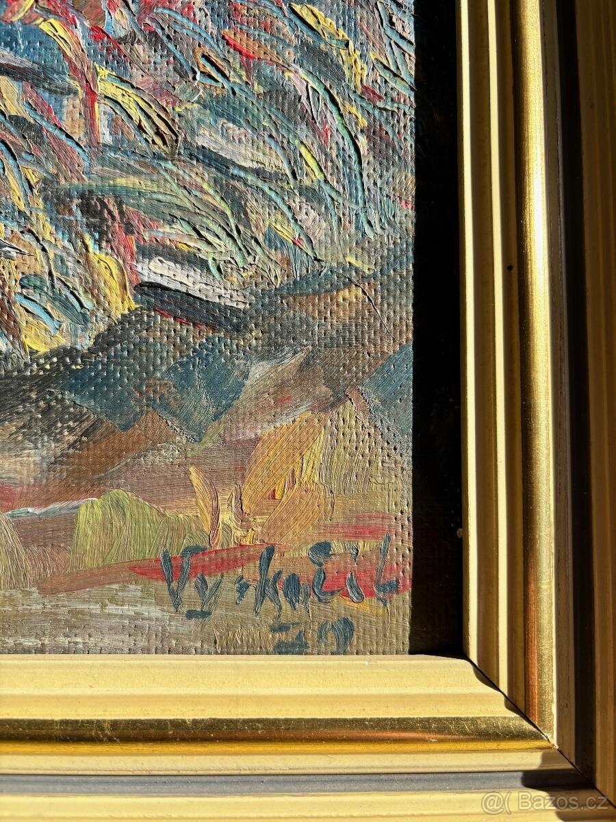 Obraz Vyskočil 1979 - hráz rybníka, olej na desce 65x50 - 2