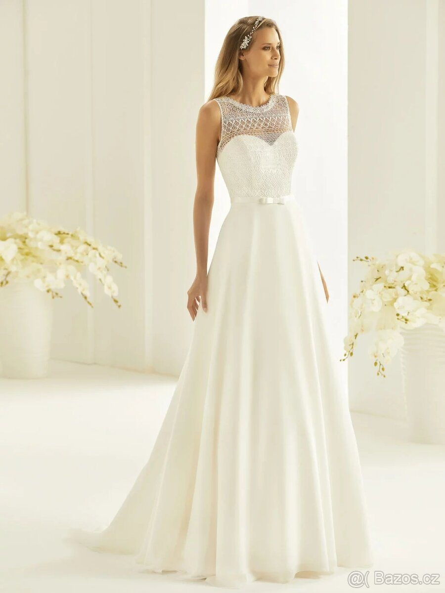 Elegantní svatební šaty s krajkovým živůtkem – vel. 44, zcel - 2
