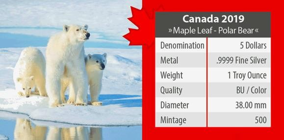 Kanada, 1 Oz 2019, Ag 999,9 Lední medvěd, raženo jen 500 ks - 2