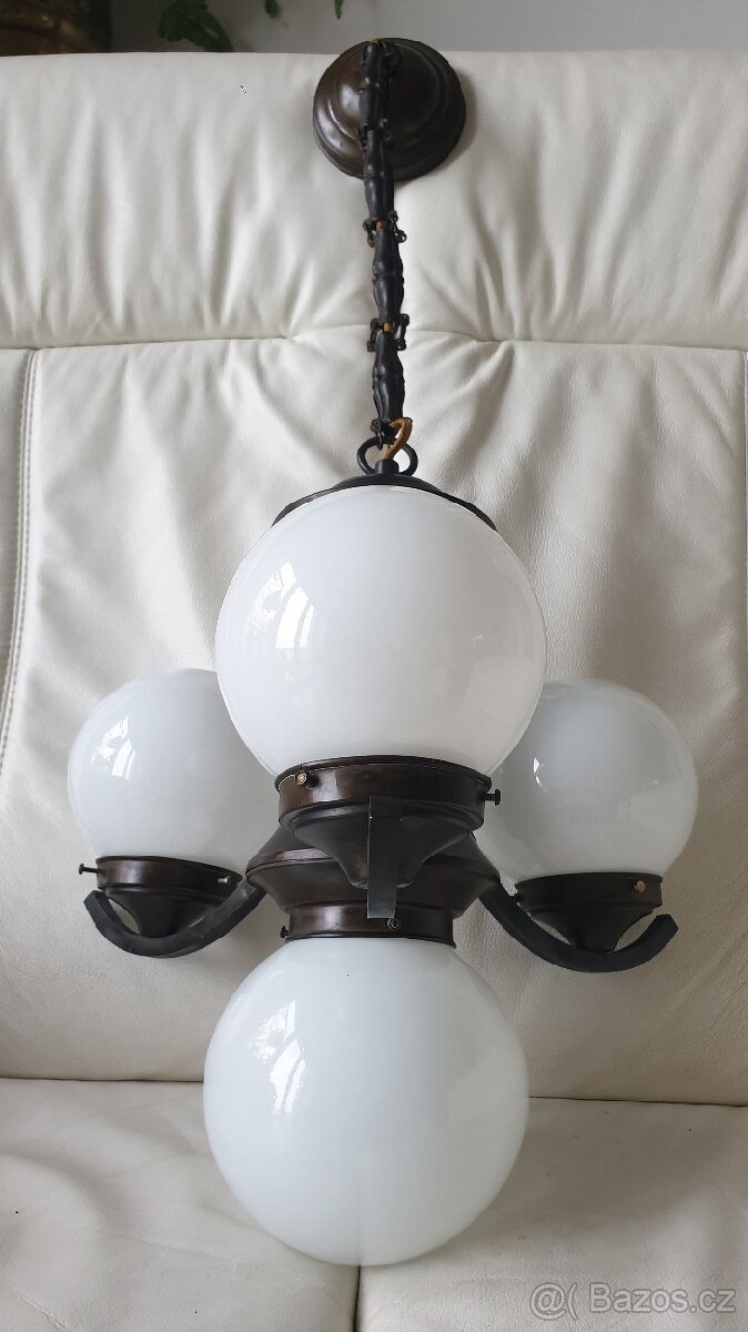 Starožitný lustr art deco na řetězu tmavá mosaz I - 2