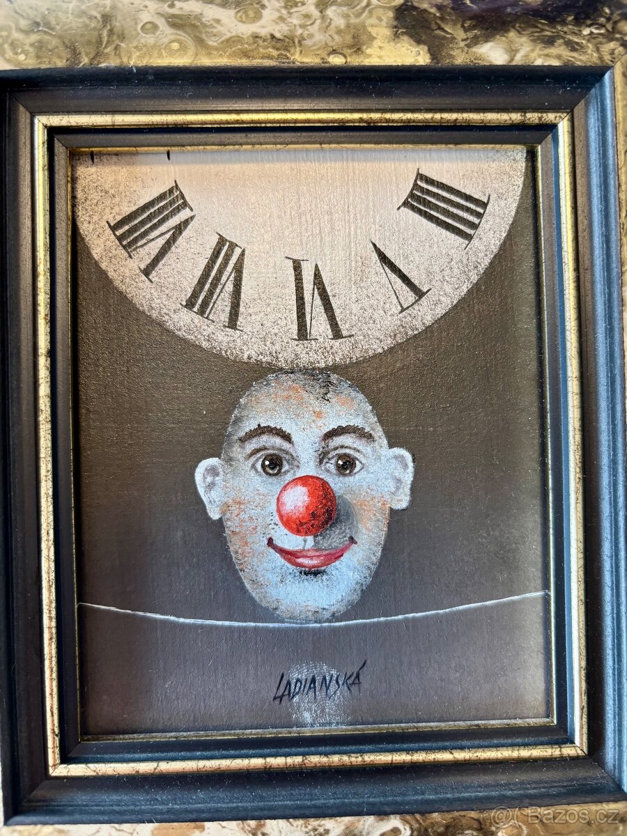 Ladianská – Klaun a čas, orig. olej na plátně 18,5×20,5 cm - 2