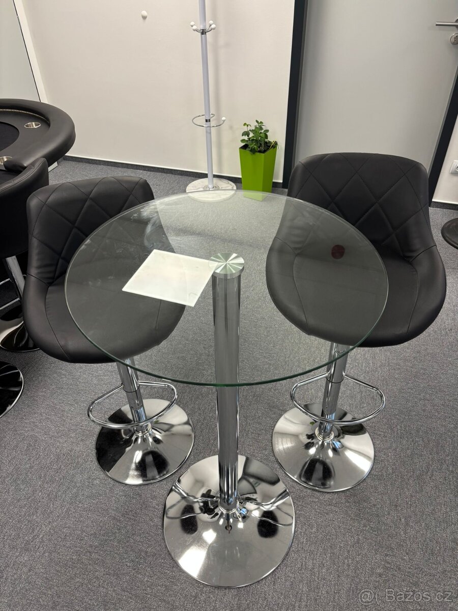 Skleněný stůl + barové černé židle - více kusů - 2