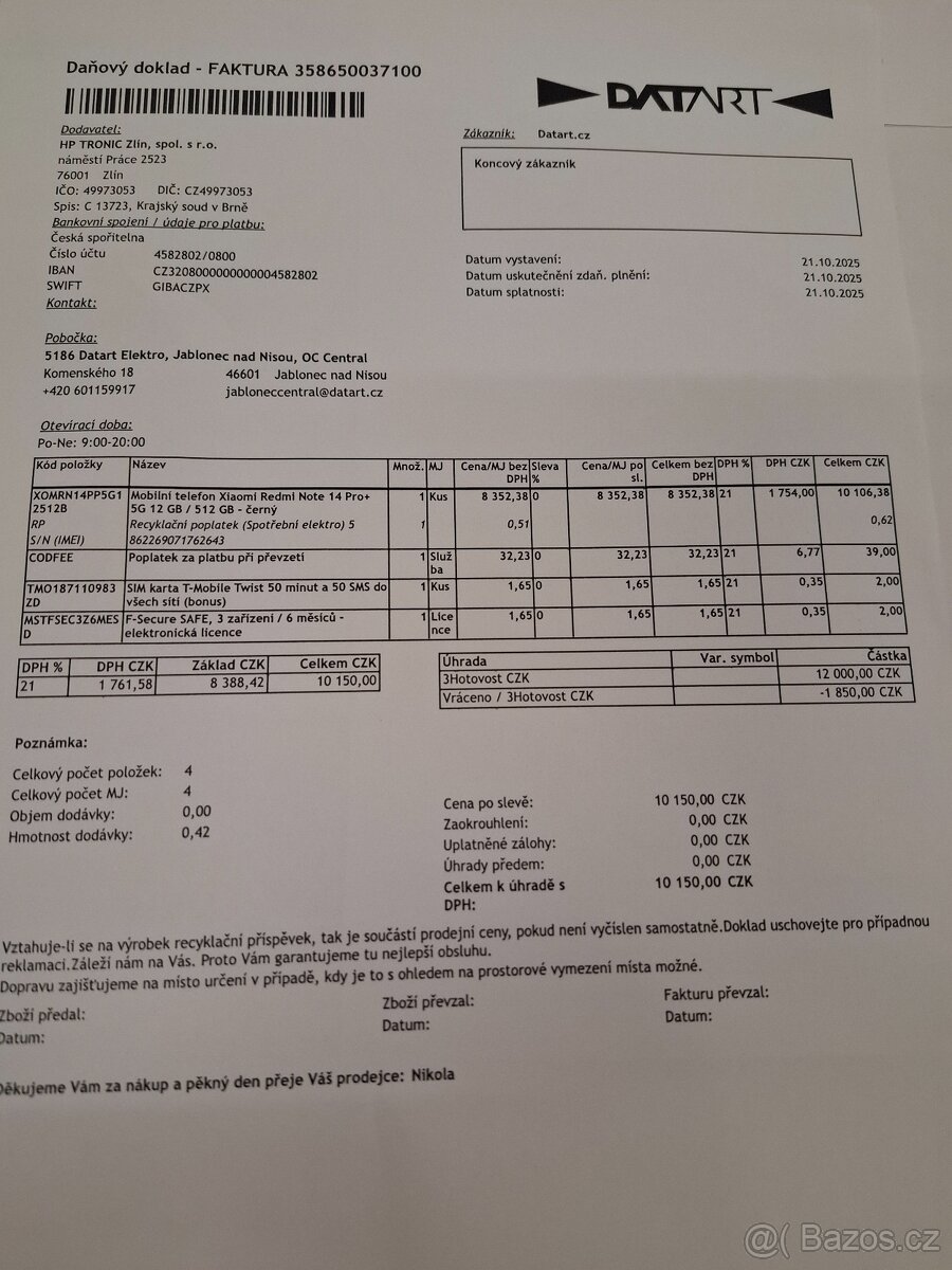 Redmi Note 14 Pro + 5g 12/512Gb- Zakoupen 21.10.2025 - 2