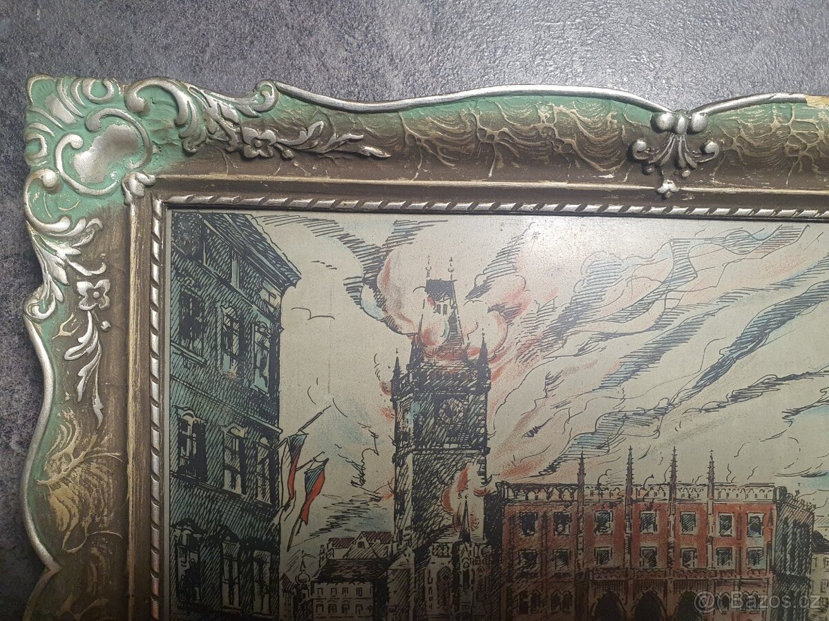 RARITA - dobový obraz Osvobození boj barikáda 1945 - 2