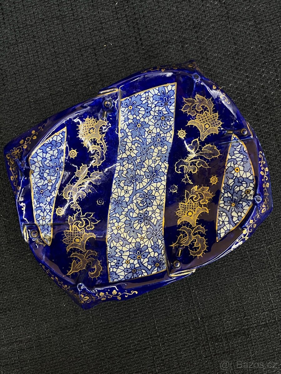 Porcelánová miska / popelník – kobaltově modrá, zlacený deko - 2