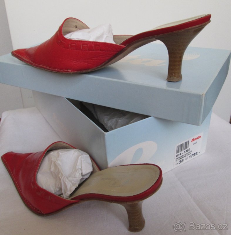 Letní pantoflíky, nazouváky Baťa, červené, kožené, vel. 37 - 2