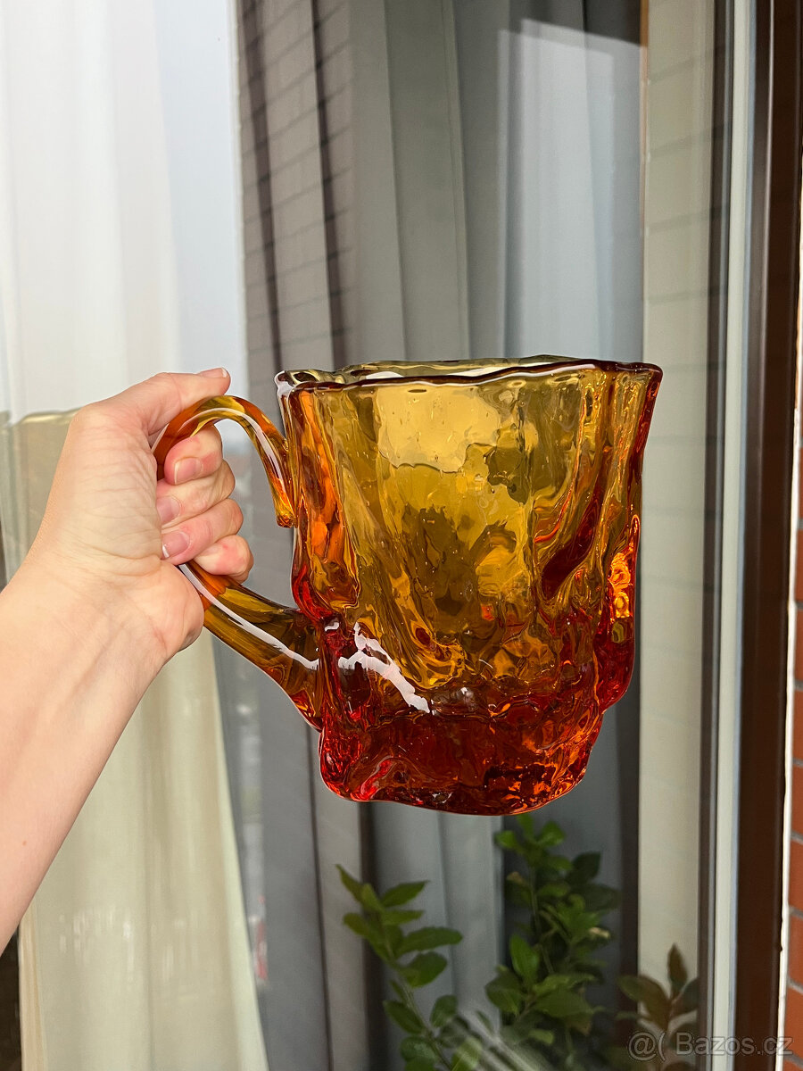 Designový džbán, váza 17 cm, jantarové hutní sklo - 2