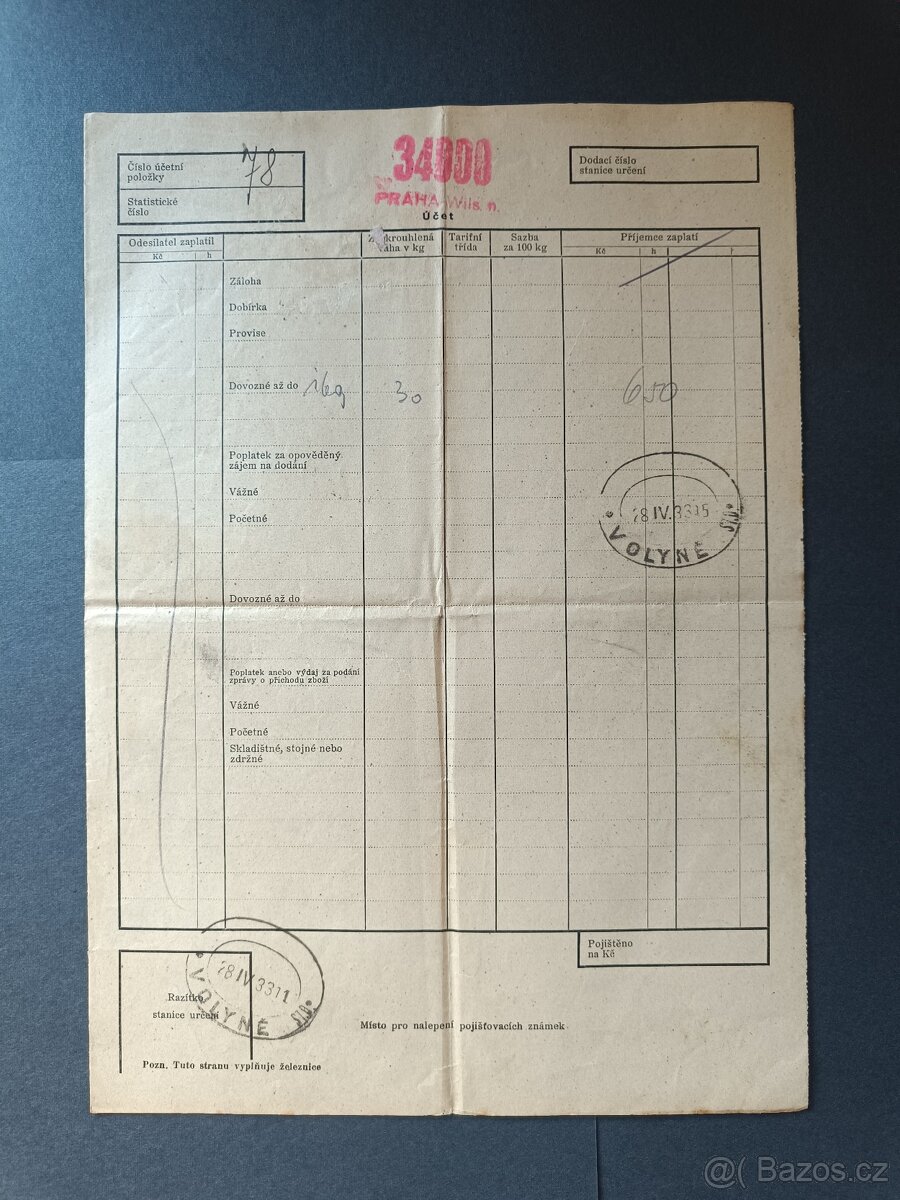 ČSD ŽELEZNICE - Nákladový list - 2