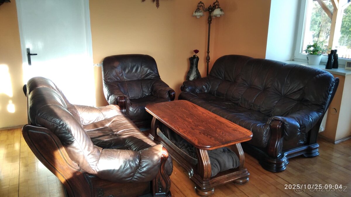 Kožená sedací souprava – tmavě hnědá, masivní dřevo - 2