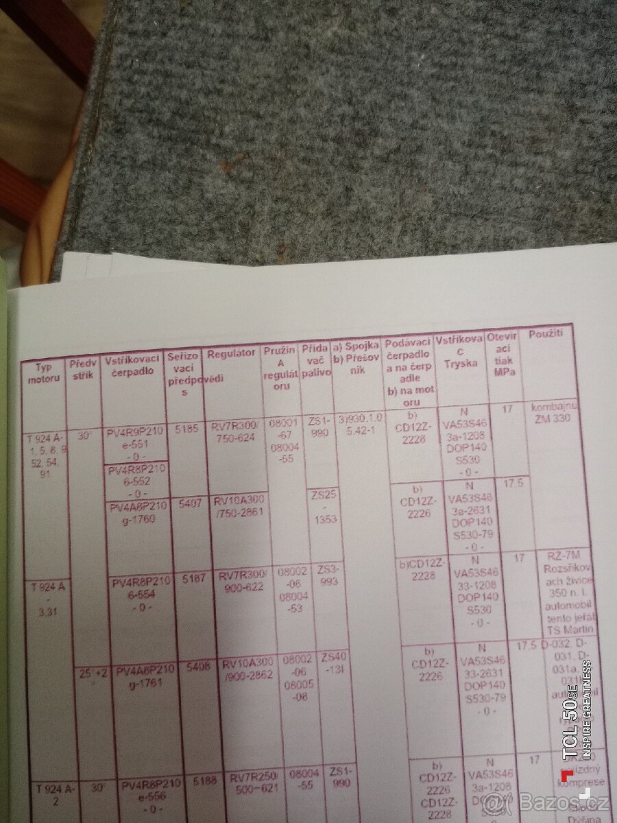 Osazovací tabulky pro motory Tatra. - 2