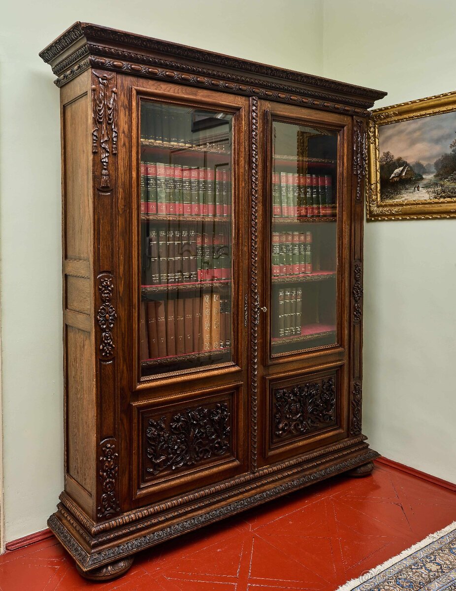 Masivní dubová knihovna v renesančním stylu, 19. století - 2