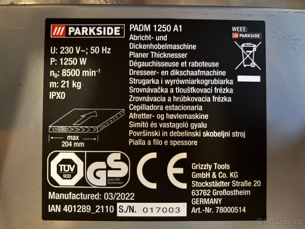 PARKSIDE Srovnávací a tloušťkovací frézka PADM 1250 A1 - 2