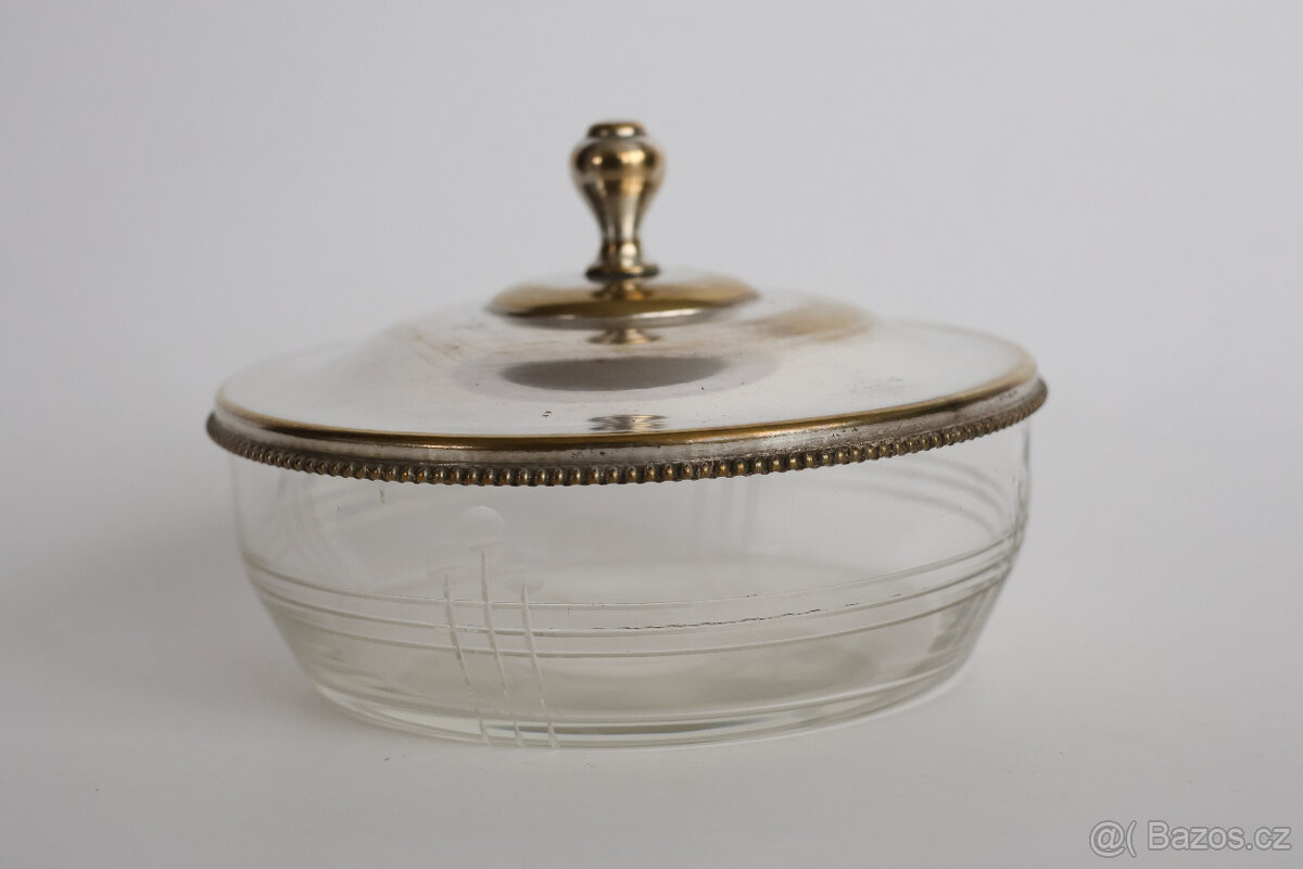 dóza krabička sklo, postříbřená alpaka art deco - 2