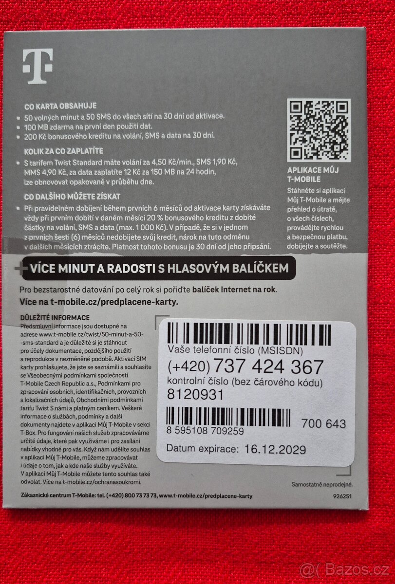 SIM karta T mobile 50 min a 50 sms nová - 2
