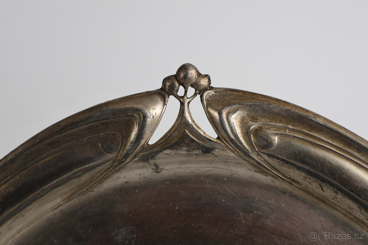 secesní talířek postříbřený, tác, starožitný starý - 2