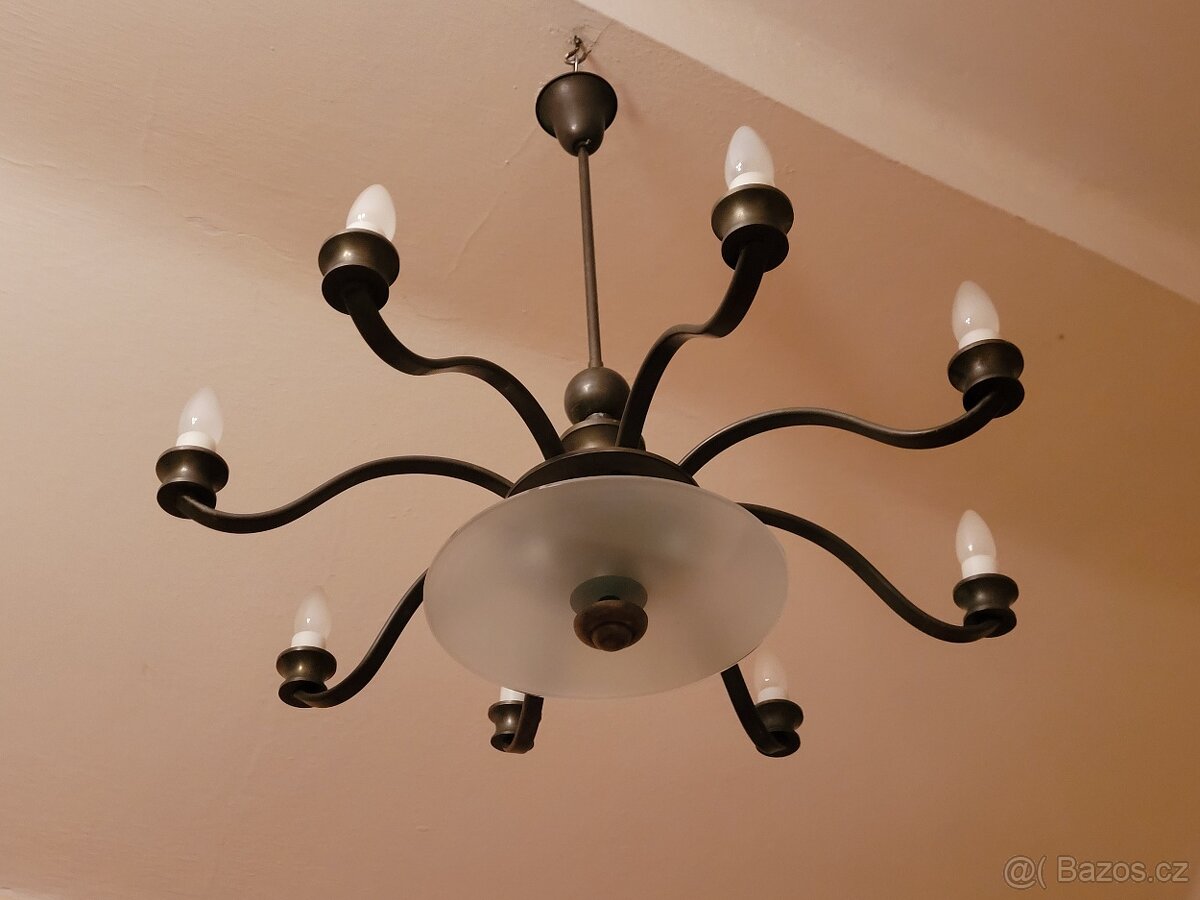 Art Deco 8mi ramenný lustr, středový skleněný širm - 2