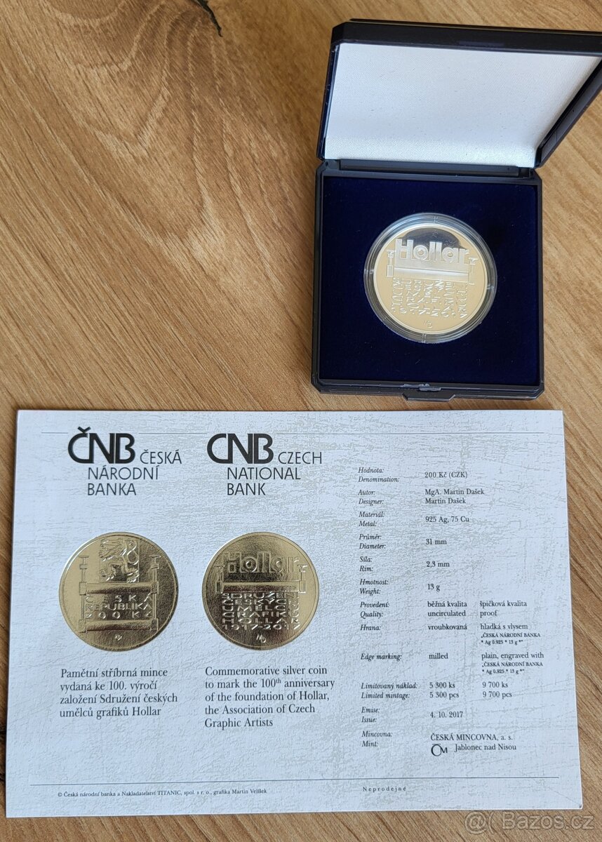 Stříbrná mince ČNB Sdružení Hollar Proof r.2017 - 2