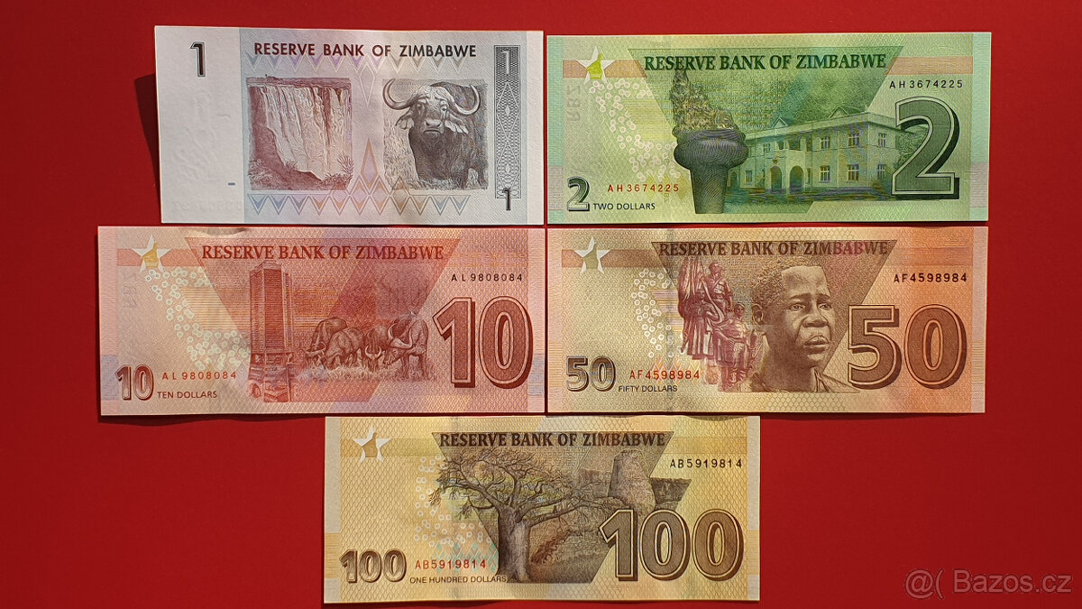 Sada 5 bankovek ZIMBABWE – 1, 2, 10, 50 a 100 dolarů UNC - 2
