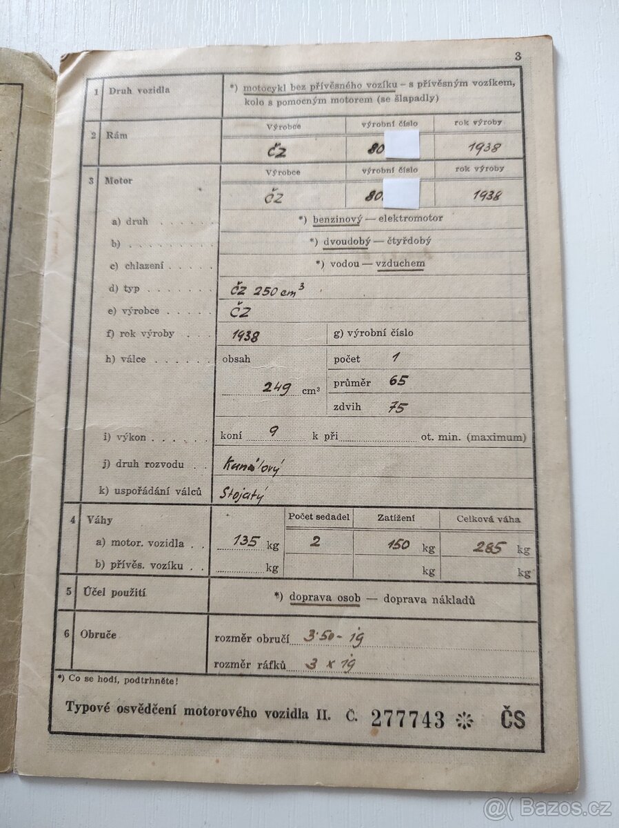 Doklady ČZ250 r.1938 - 2