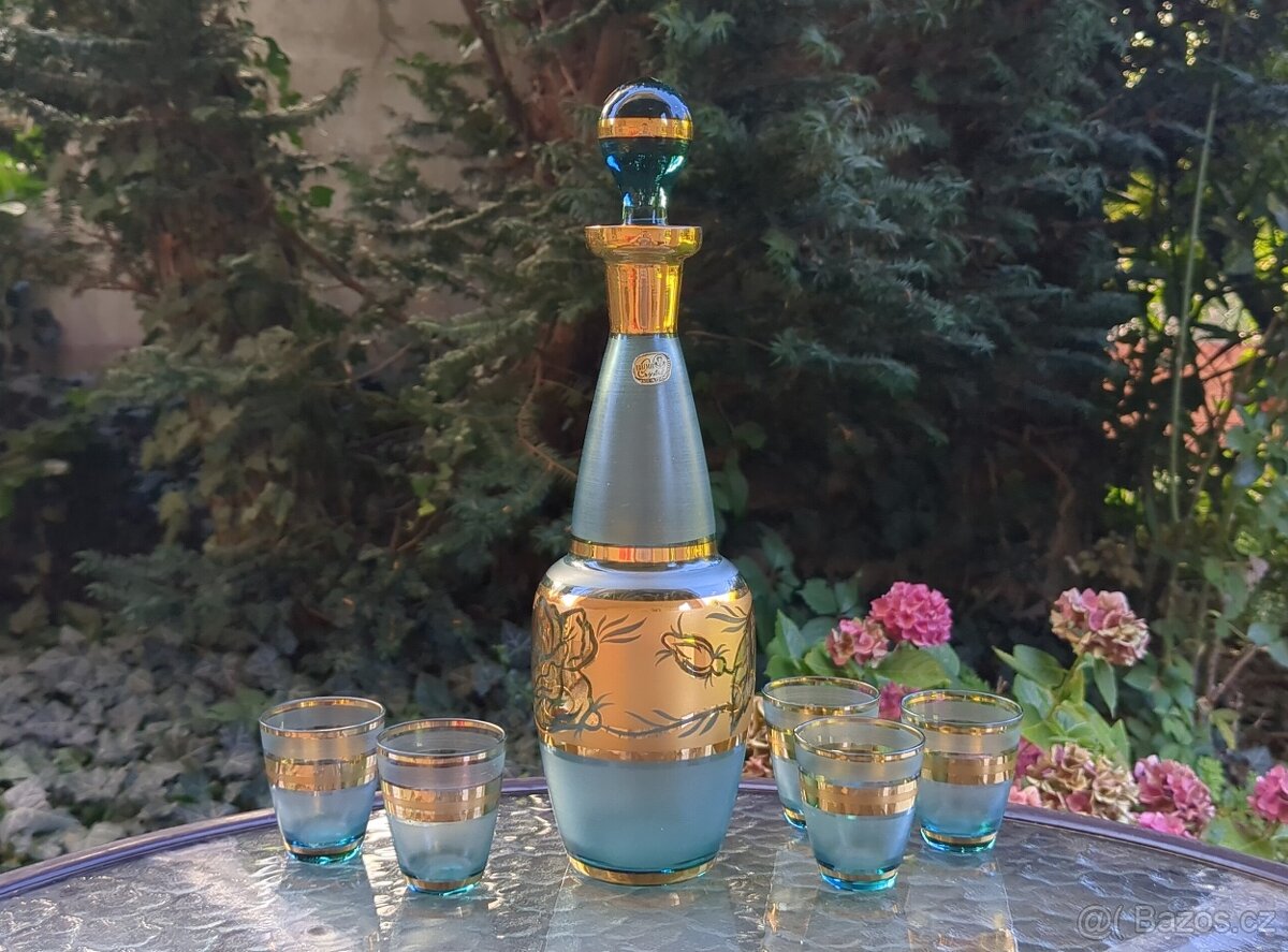 Likérová souprava - modro-zelené sklo se zlacením - 2