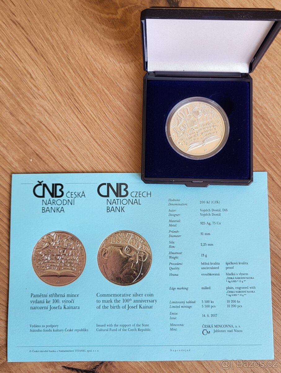 Stříbrná mince ČNB Josef Kainar Proof r.2017 - 2