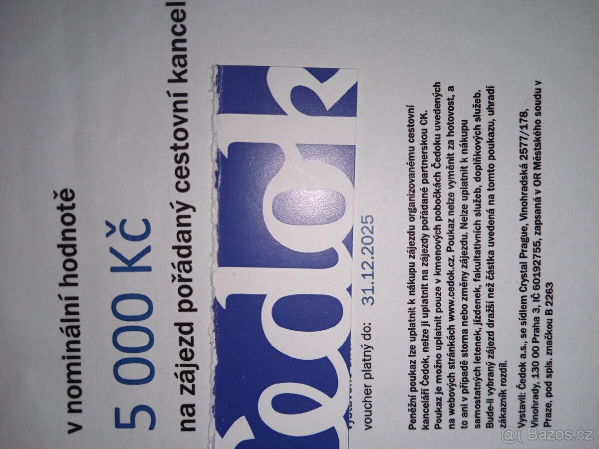 Dva poukazy Čedok na 5000,- (hodnota celkem 10.000,-) - 2