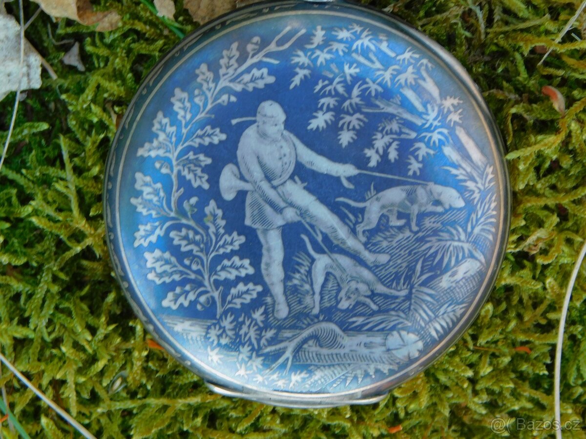 Starožitné stříbrné tulové kapesní hodinky myslivecký motiv - 2