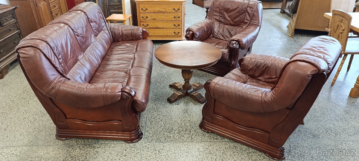 Rozkládací kožená sedací souprava, nábytek z masívu - 2