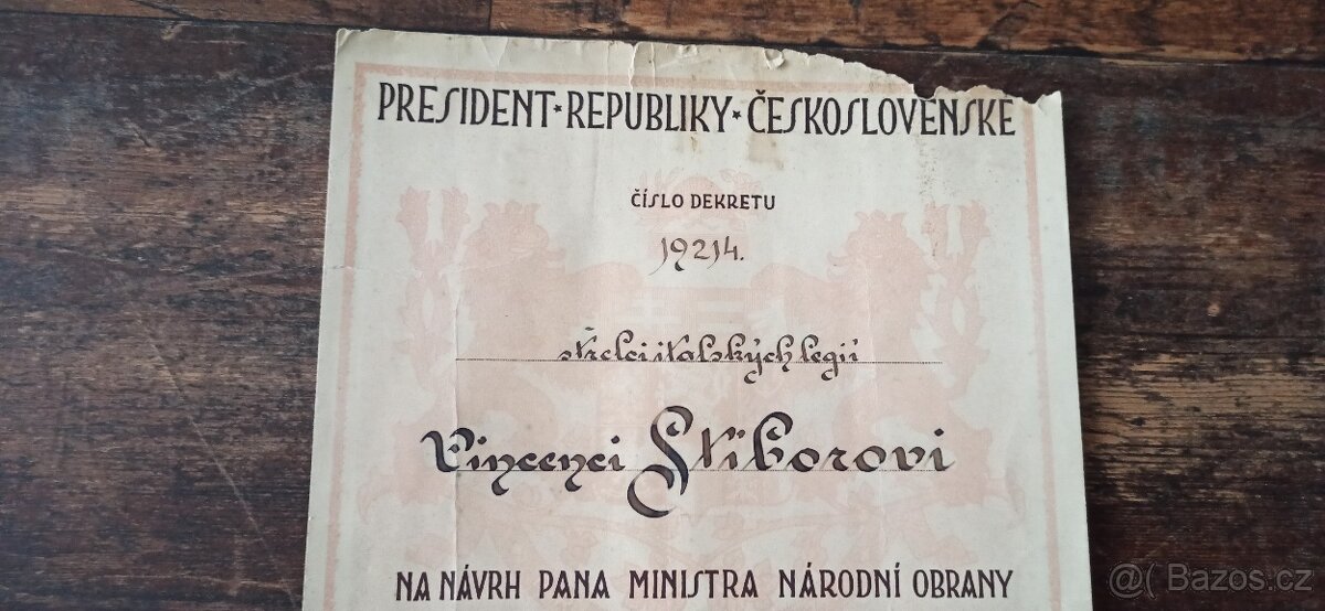 ČSR dekret Italský legionář. - 2