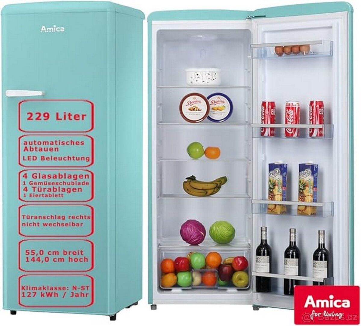 stylová lednice, retro design, mentolová barva 144cm - 2
