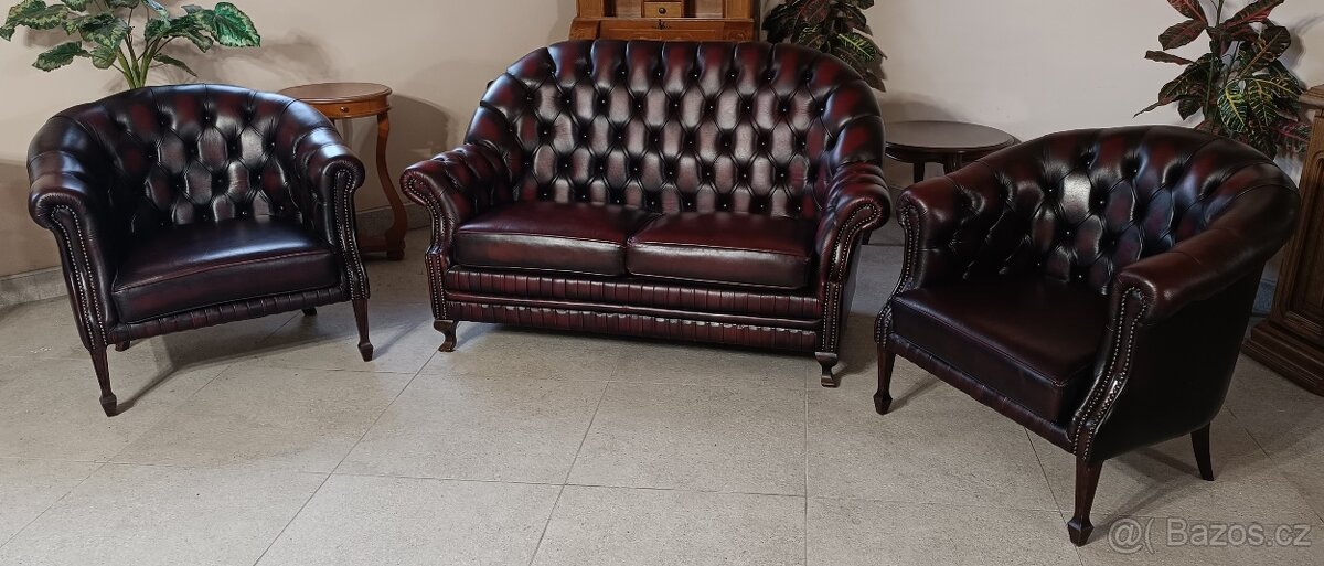 Chesterfield, kožená sedací souprava 2+1+1. - 2