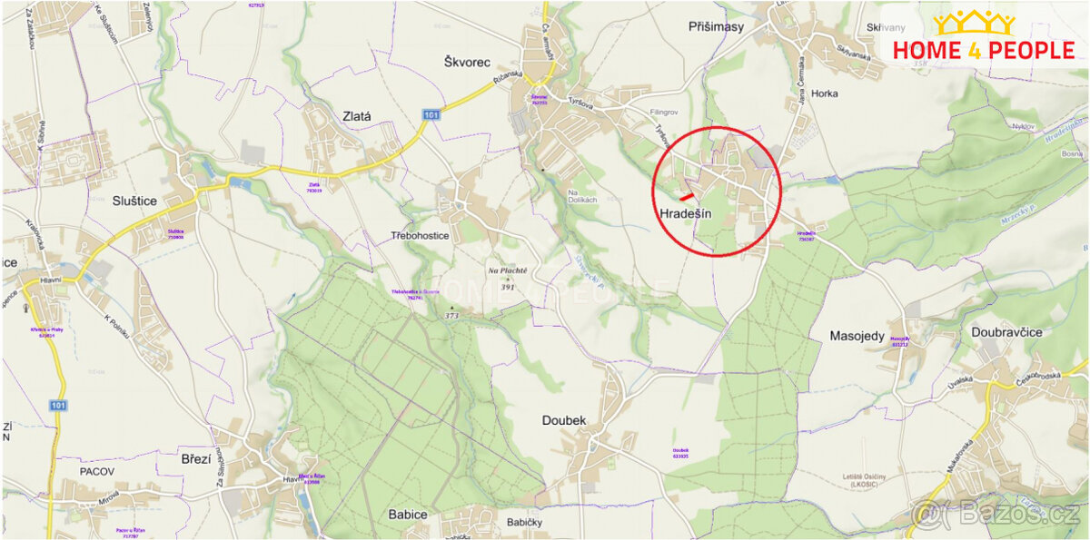 Prodej pozemku 2614 m2 v obci Hradešín - Praha východ. - 2