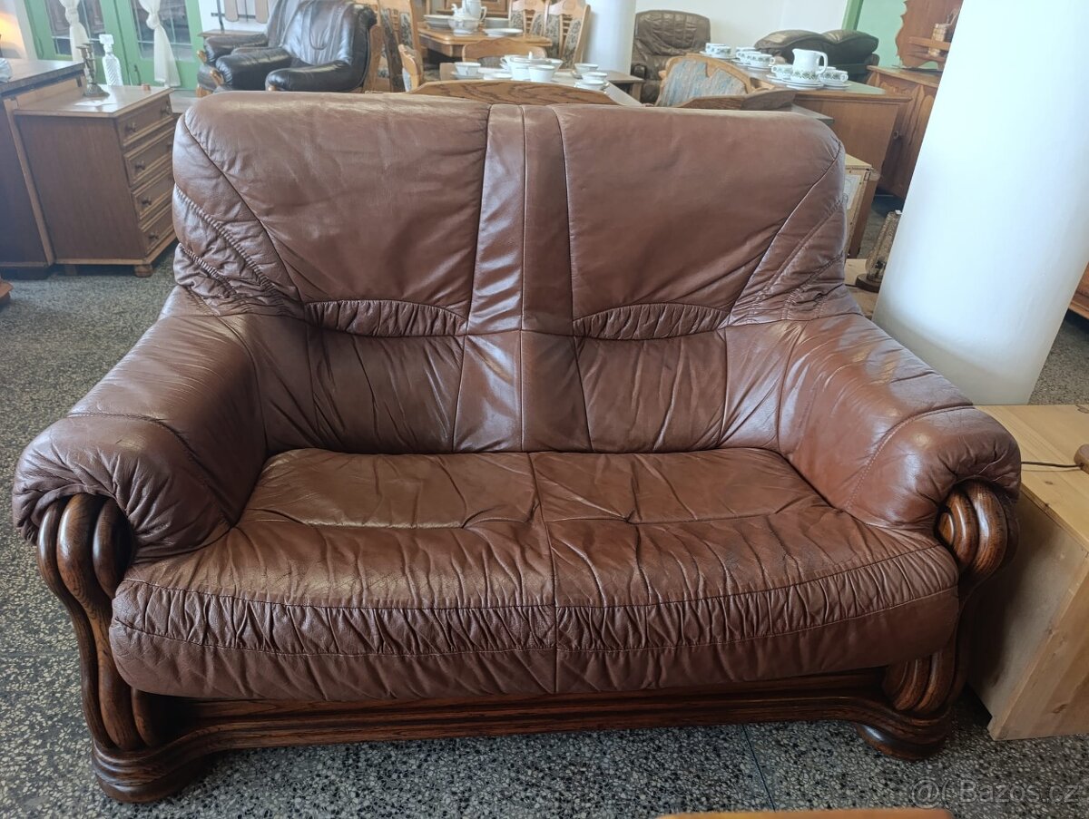 Rustikální kožená sedačka, dvousedačka, masív - 2