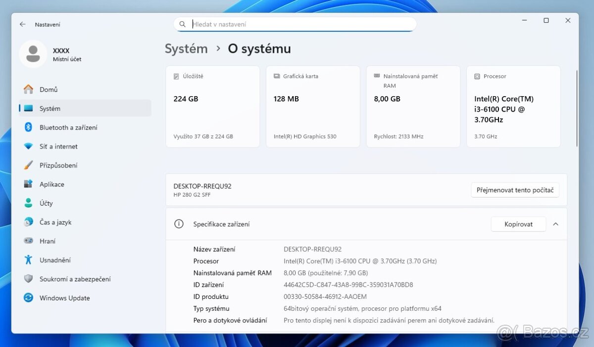 HP 280 G2/i3-6100 4x3,7GHZ/8GB DDR4/240GB SSD/GPU HD 530/W11 - 2