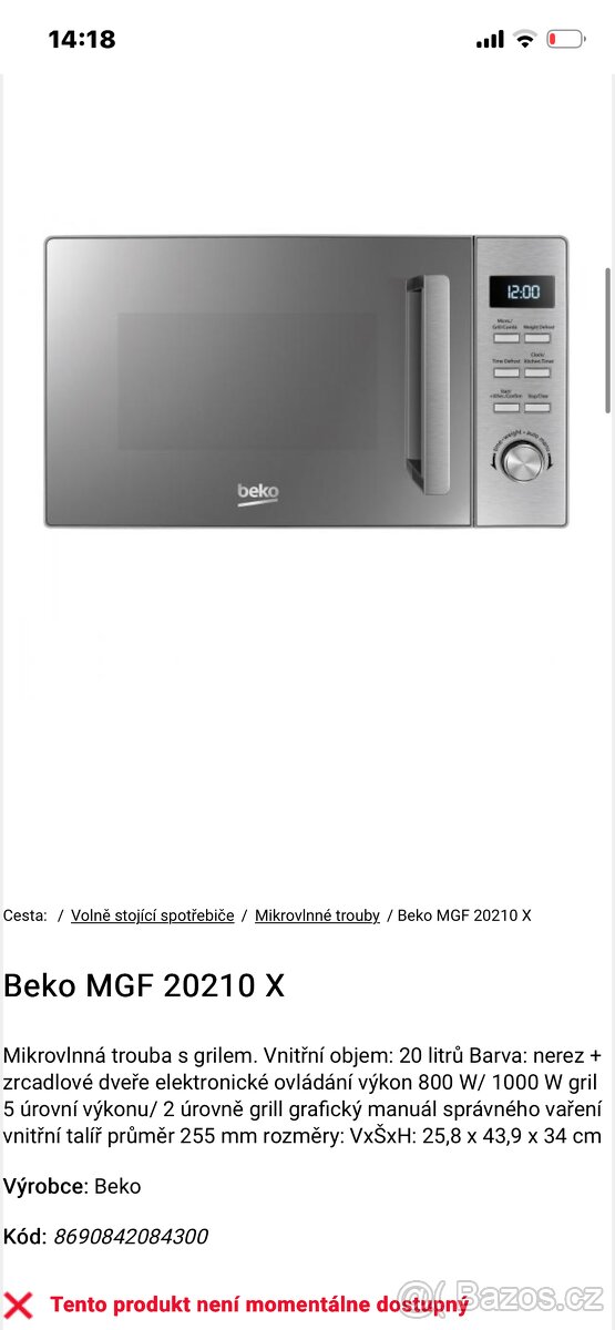 Prodám zánovní mikrovlnou troubu původní cena 2900kc - 2