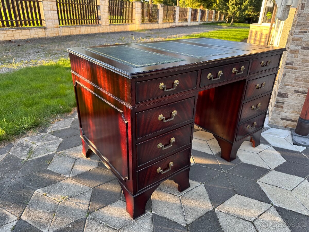 Psací stůl mahagon zelená kůže - 2