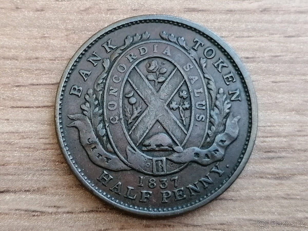 1 Sou 1837 Province Bas Canada Bank Token koloniální mince - 2