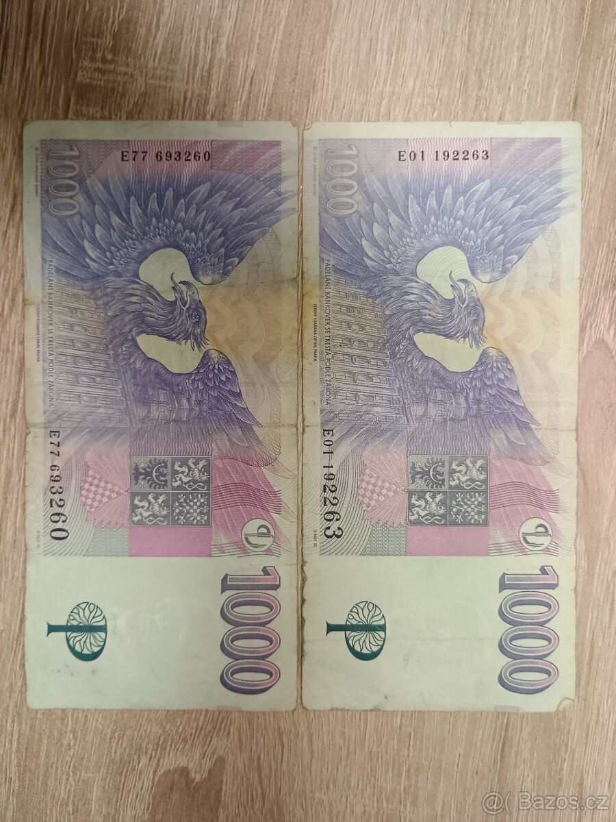 Bankovky 1000 Kč vzácná série E 01,77– 2 ks, originál - 2