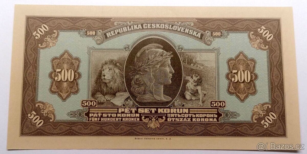 Bankovka 500 Kč emise 1923 HNĚDÝ LEGIONÁŘ série A, Novotisk - 2